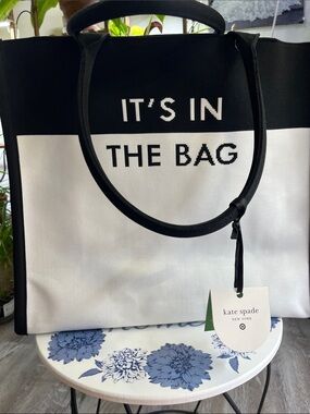 kate spade Black & White Canvas Tote with 'IT'S IN THE BAG'